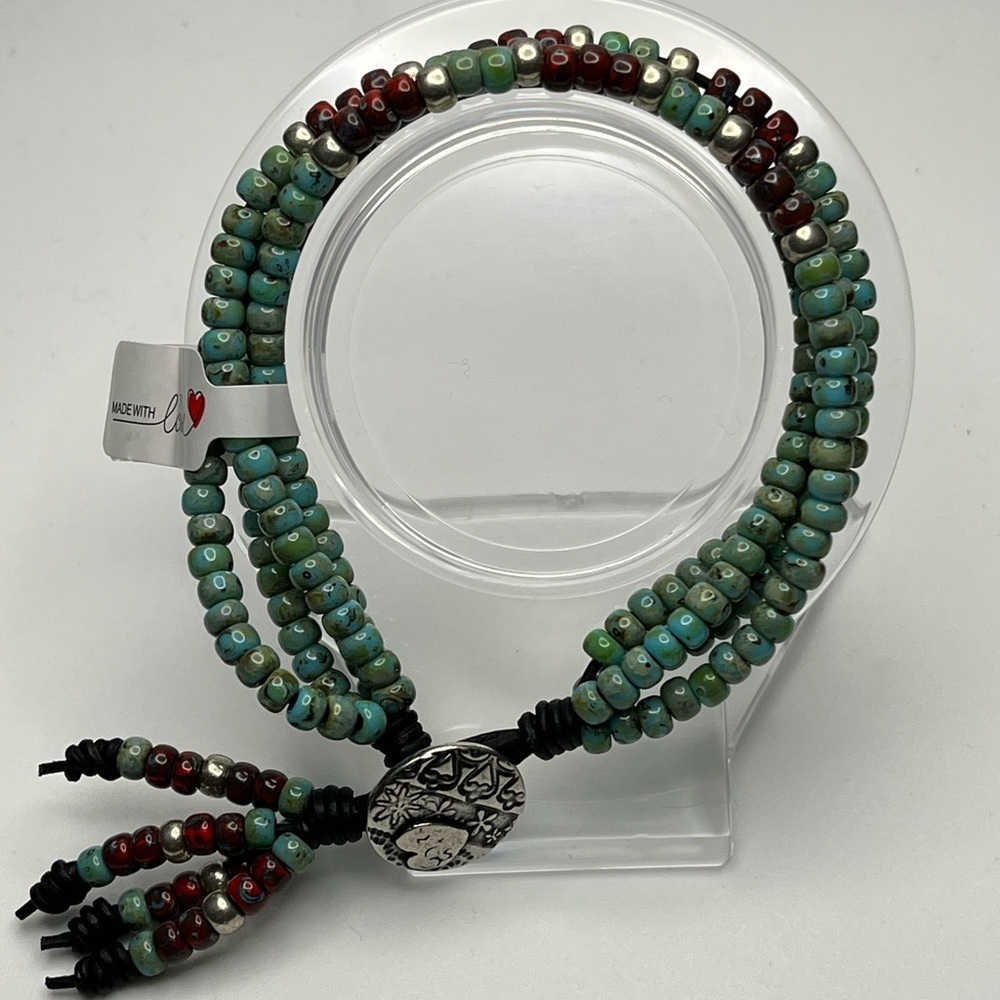 Handmade 4 Strand Barrel Knot Leather Wrap Bracelet with Button Closure